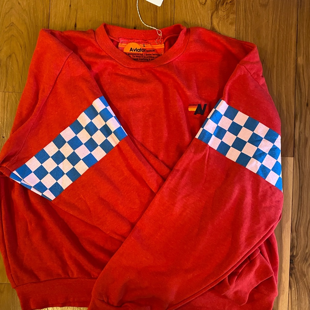 Aviator Nation Limited Edition red crewneck with blue & white checkered sleeves
